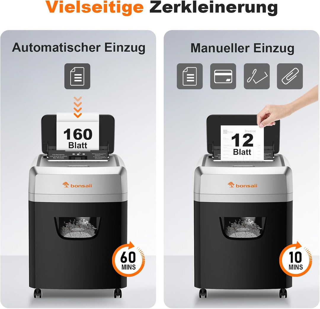 Bonsaii Aktenvernichter mit Automatik-Zuführ für 160 Blätter, P-4 Kreuzschnitt, 60 Min Dauerbetrieb,
