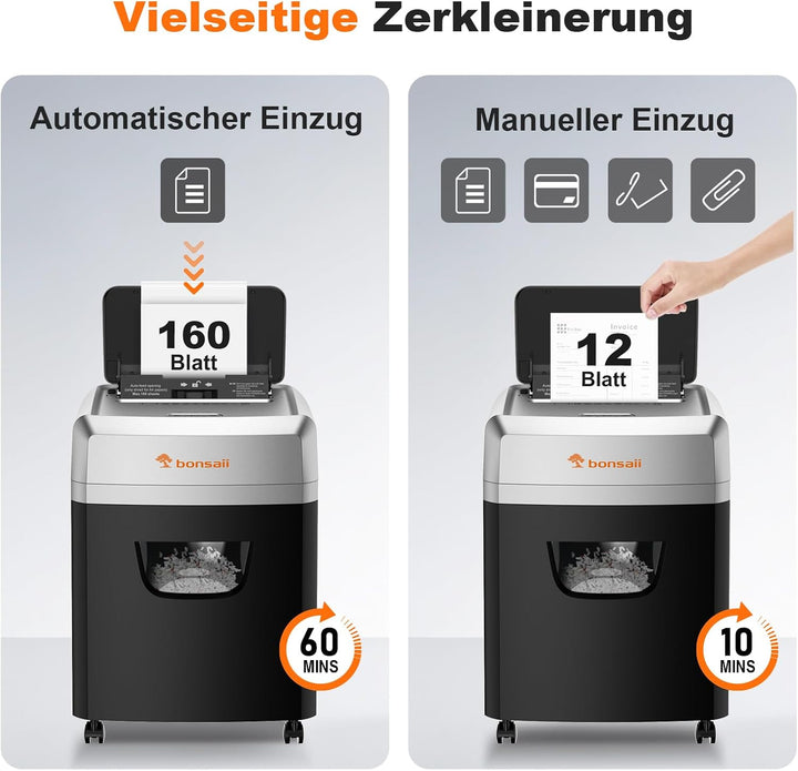 Bonsaii Aktenvernichter mit Automatik-Zuführ für 160 Blätter, P-4 Kreuzschnitt, 60 Min Dauerbetrieb,