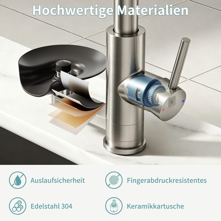 360° drehbarer Wasserhahn Küche ausziehbar mit Brause, wasserfall Mischbatterie Küche mit Gläserspül