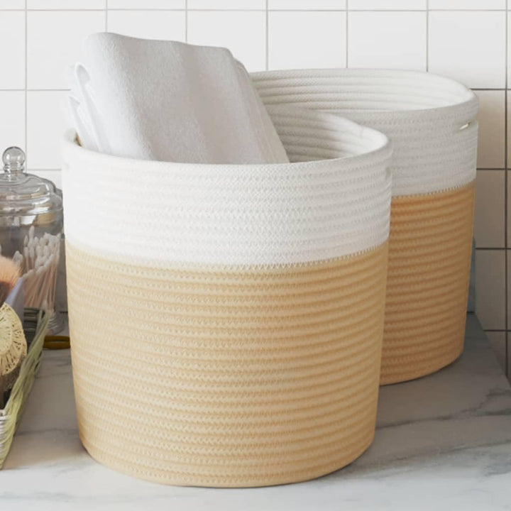 2er Set Aufbewahrungskörbe Beige Weiss, Faltbare Baumwollkörbe für Kinderzimmer, Spielzeugkorb Ø28x2
