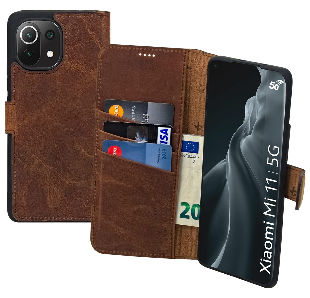Suncase Book-Style Hülle kompatibel mit Xiaomi Mi 11 Leder Tasche (Slim-Fit) Lederhülle Handytasche
