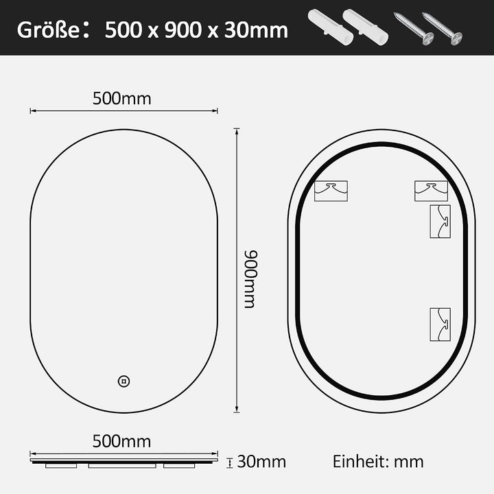 Boromal Badspiegel mit Beleuchtung Oval Led Spiegel mit Touch-Schalter, Dimmbar, 3 Lichtfarbe Einste