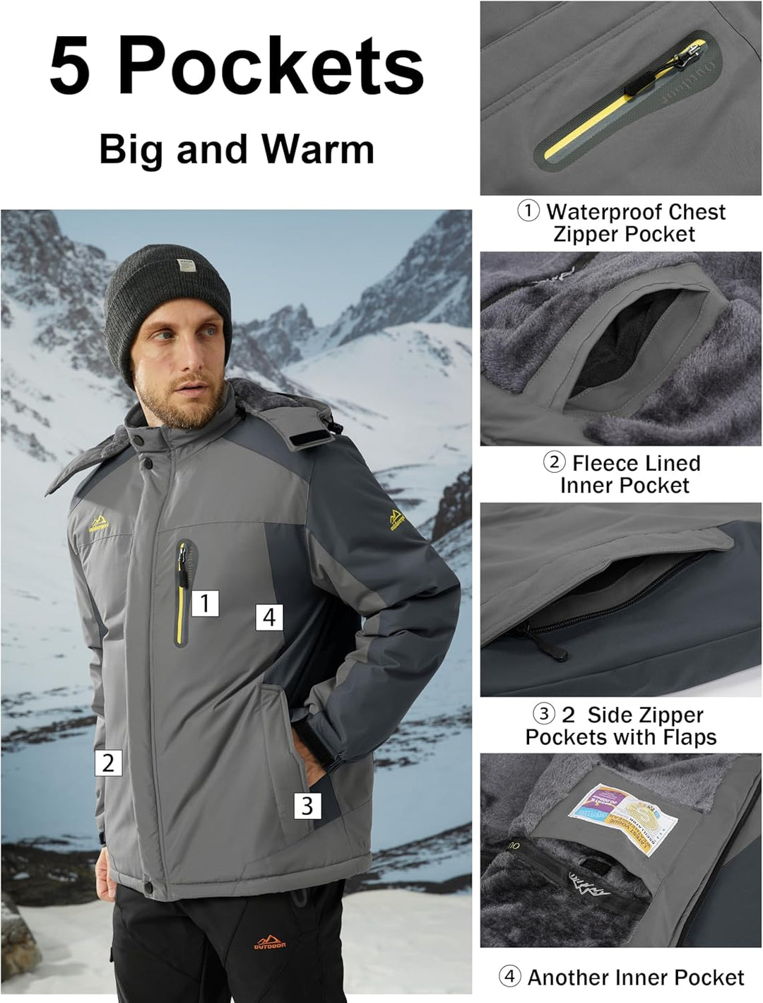 MAGCOMSEN Herren Winter Fleecejacke Warme Gefüttert Skijacke Outdoor Winddicht Wasserdicht Jacke Ver