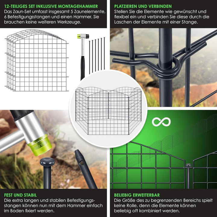 KESSER® Teichzaun Gartenzaun Steckzaun Komplettset Metall 5x Oberbogen Rund Inkl. Handschuhe, 1x Ham