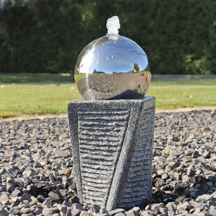 Granit Springbrunnen SB17-2 mit Säule und Edelstahl Kugel Gartenbrunnen Set Stein mit LED Beleuchtun