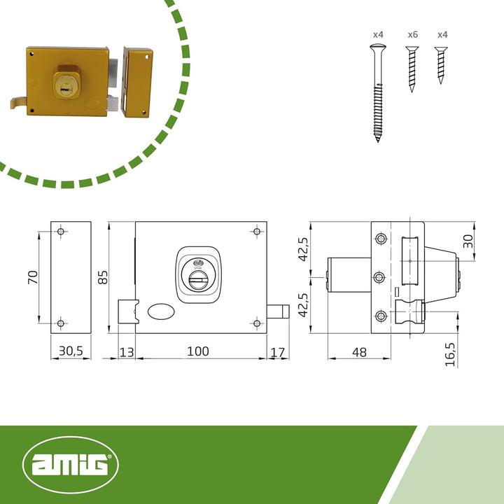 Amig - Aufschraubschloss DIN rechts mit Schliesshebel, Falle und Ziehgriff für Holztüren Mod. 72-100