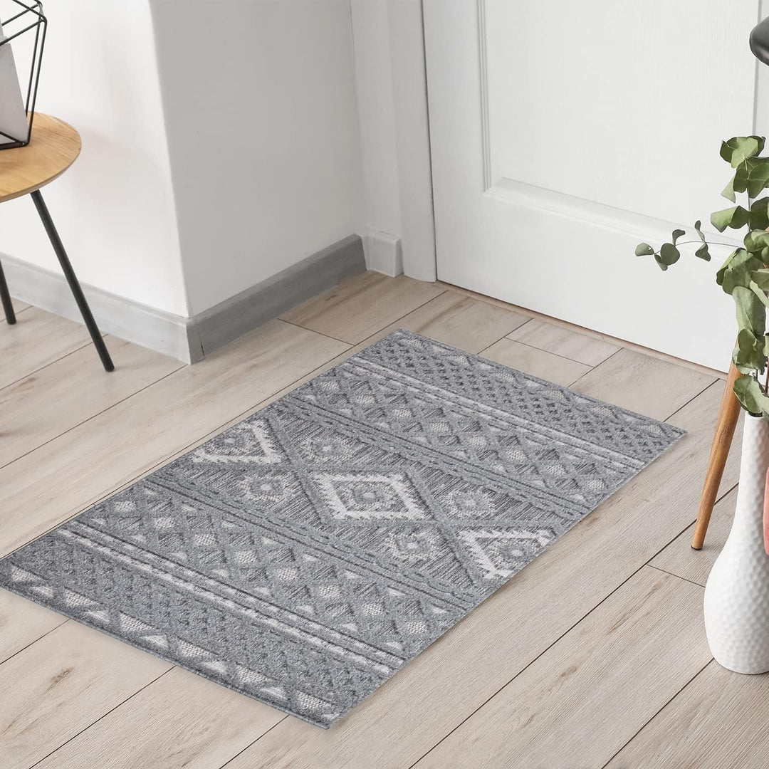 payé Teppich Läufer - Anthrazit Raute Ornamente - 80x250cm - Boho Deko Teppiche für Balkon Terrasse
