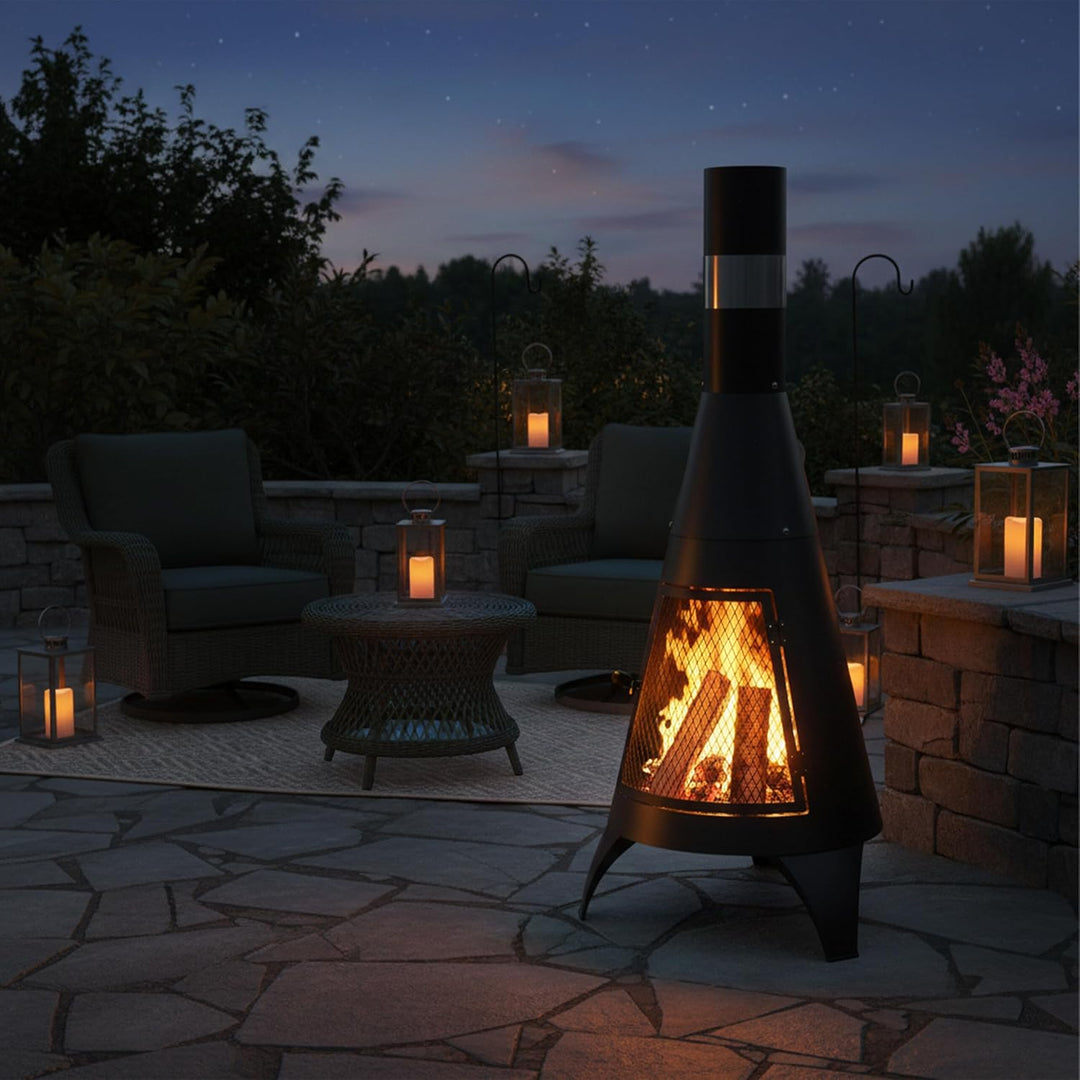 Relaxdays Terrassenofen mit Funkenschutz Tür, dekorative Feuerstelle für Holz, Gartenofen, HxD: 120x