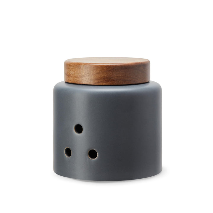 KHG Knoblauchdose 13,5cm x 13cm, Keramik Steingut in Anthrazit Grau mit Holz-Deckel aus Bambus, rund