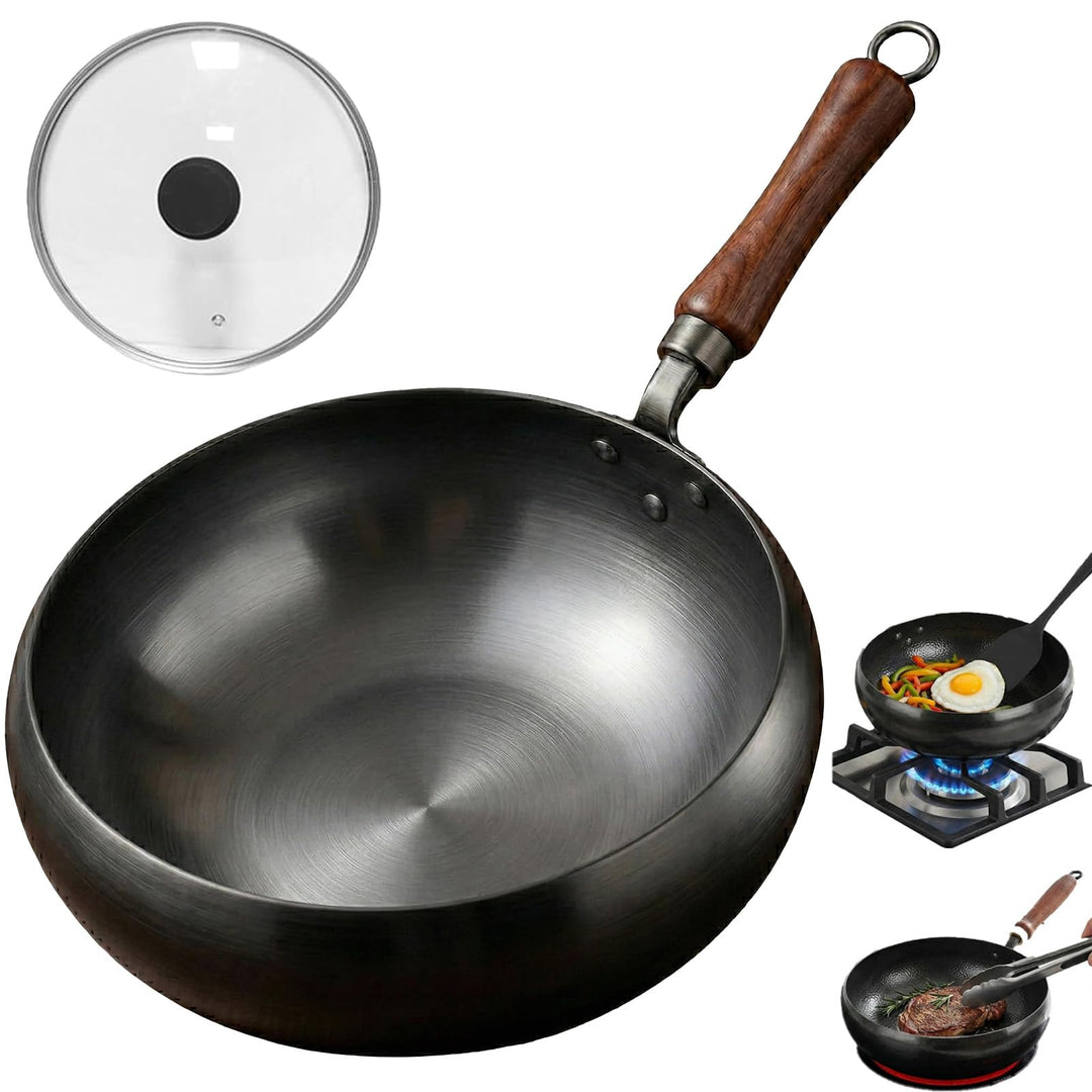 Japanischer Gusseisen Wok Unbeschichtet Dicker Eisentopf, 10 cm Hoher Rand zum Pfannenrühren, Schnel