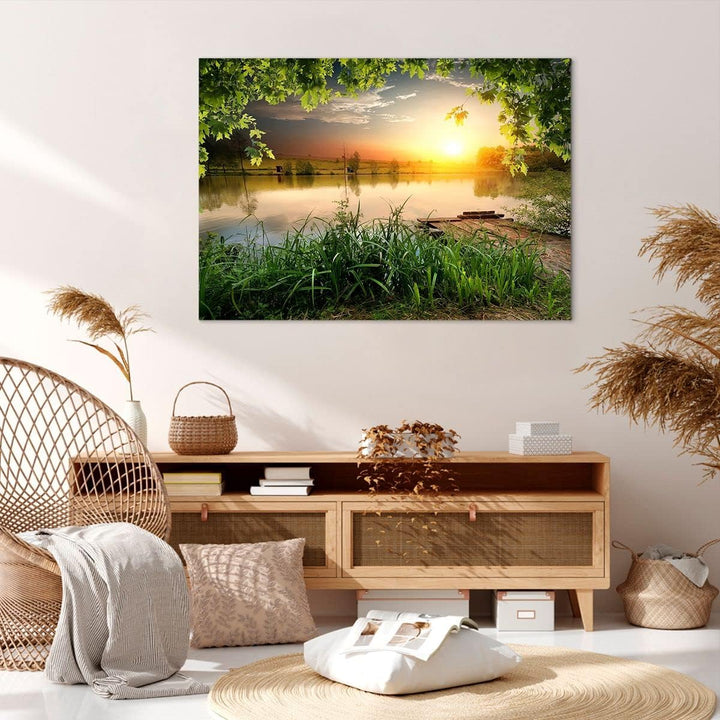 ARTTOR Bilder auf Leinwand 100x70cm Leinwandbild mit Rahmen Brücke See Gross Wanddeko Bild Schlafzim