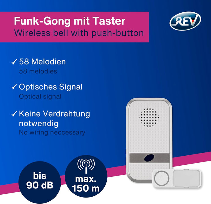 REV Funkklingel - Türgong Set Orchestra drahtlos, 150m, 90dB, Funkgong (3x1,5V) und Klingeltaster, w