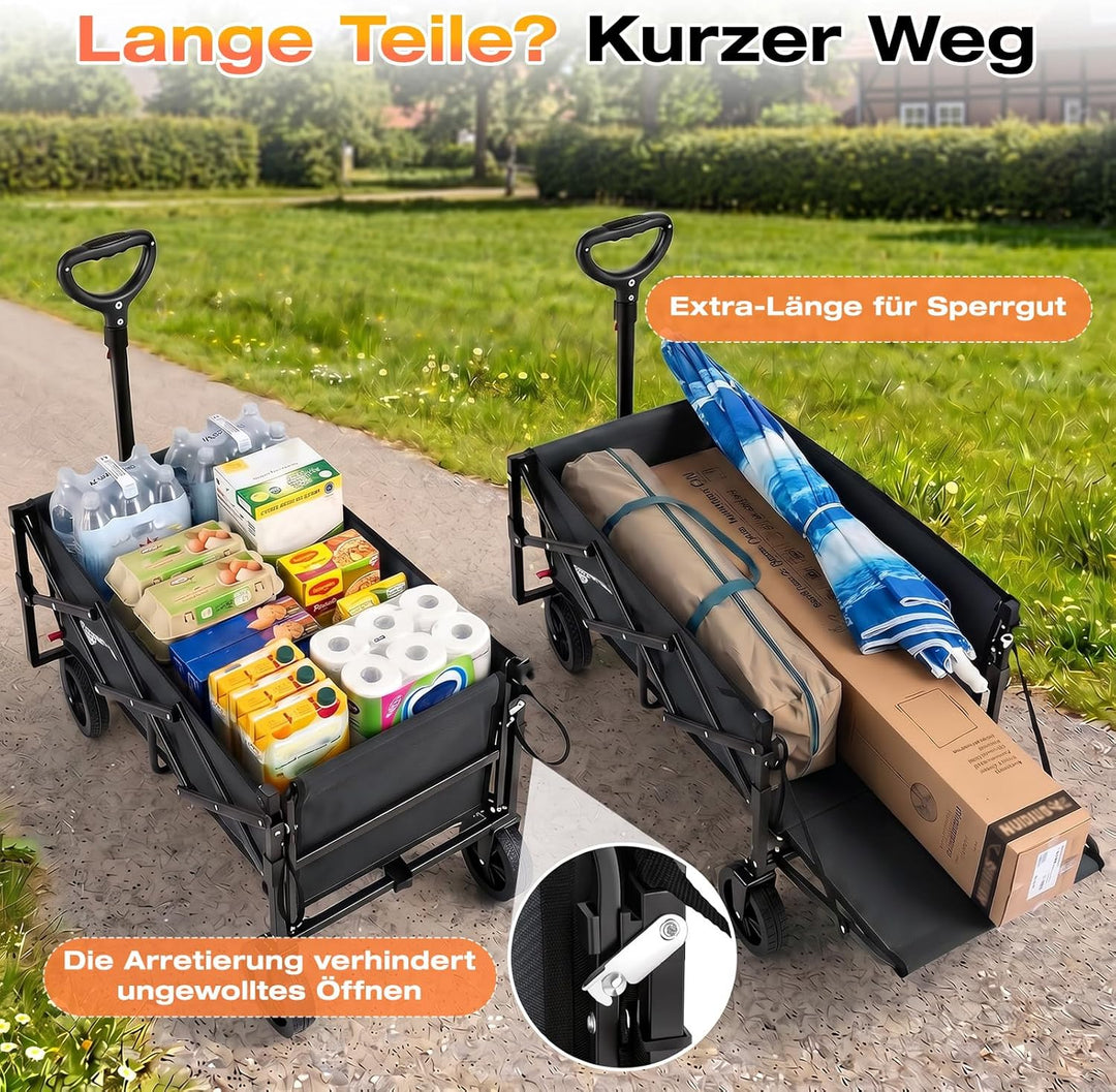 SUNULA Bollerwagen Faltbar Klein mit Heckklappe klappbar 80L+35L，Handwagen mit erweiterbare Ladefläc