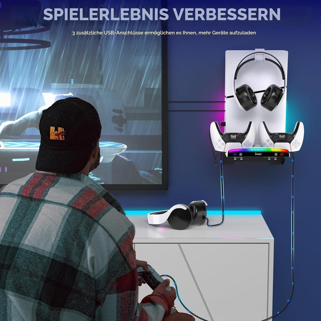 RGB Wandhalterung für PS5/Pro/Slim mit doppelter Controller-Ladestation, PlayStation 5 Halterung für