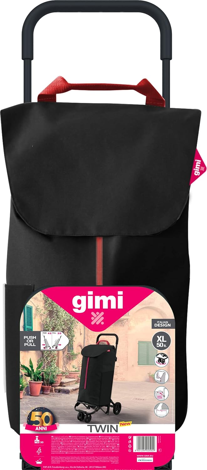 Gimi 102730 Einkaufswagen New Twin 4 Räder; Tasche aus Polyester mit Kordelzugverschluss, 4 Räder er