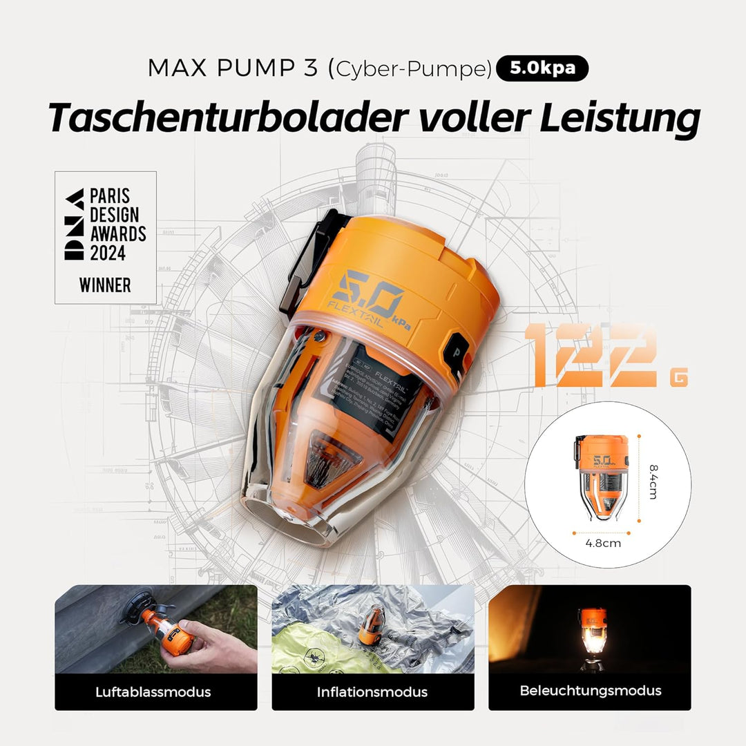 FLEXTAILGEAR MAX Pump 3 Tragbare Luftpumpe, 5,0 kPa, Beleuchtung, USB-Aufladung zum Aufblasen und En