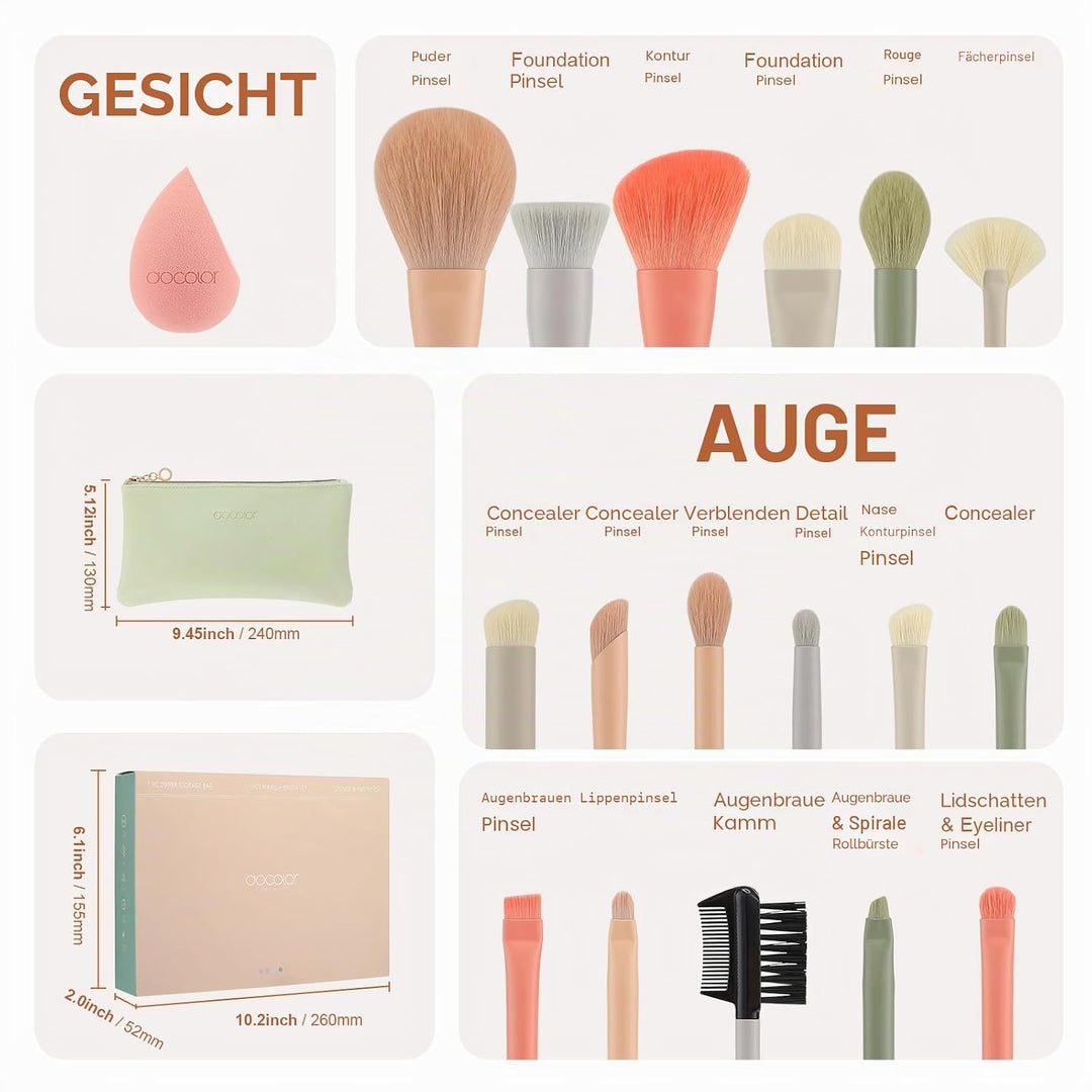 Docolor Pinselset Makeup 39 Stück Mit Tasche, Schwamm und Aufbewahrungstasche, Blender Schwamm & Pin