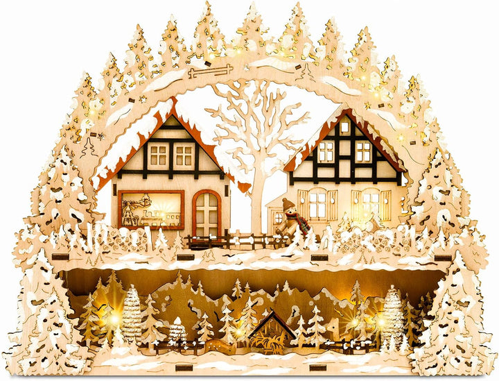 SIKORA LB65 Holz Schwibbogen beleuchteter LED Lichterbogen Motiv Winterdorf Waldszene Deko Weihnacht
