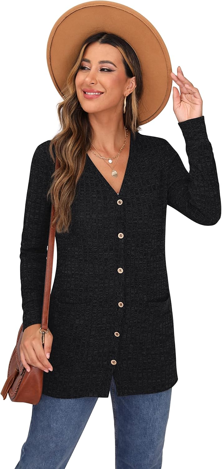 GRECERELLE Damen Leichte Strickjacke Lang mit Taschen und Knöpfen Long Elegant Cardigan V-Ausschnitt