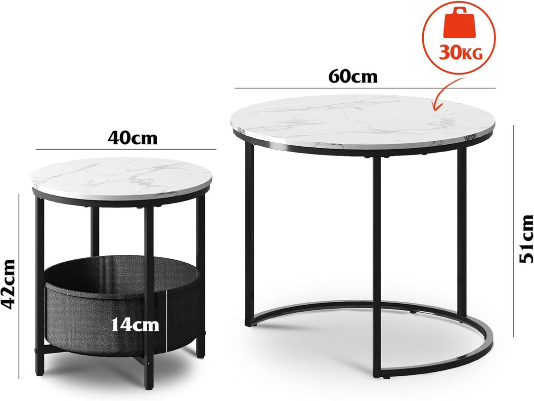 WLIVE Runder Couchtisch Weiss, Wohnzimmer Tisch für Couch mit Stauraum, Beistelltisch mit Metallrahm