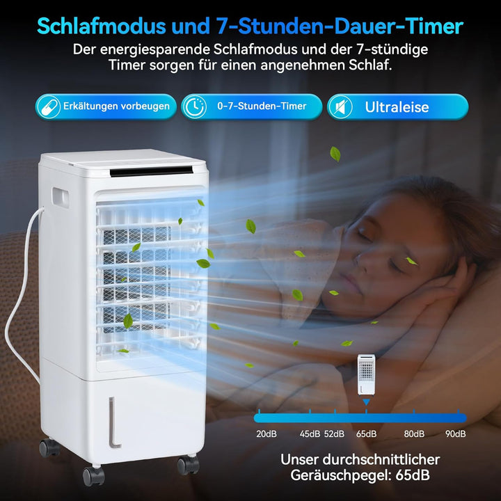 Fullwatt Mobiler Luftkühler 7 Liter Kapazität, Mobile Klimageräte mit 2 Kühlakkus, 80W, 3 in 1 Luftb