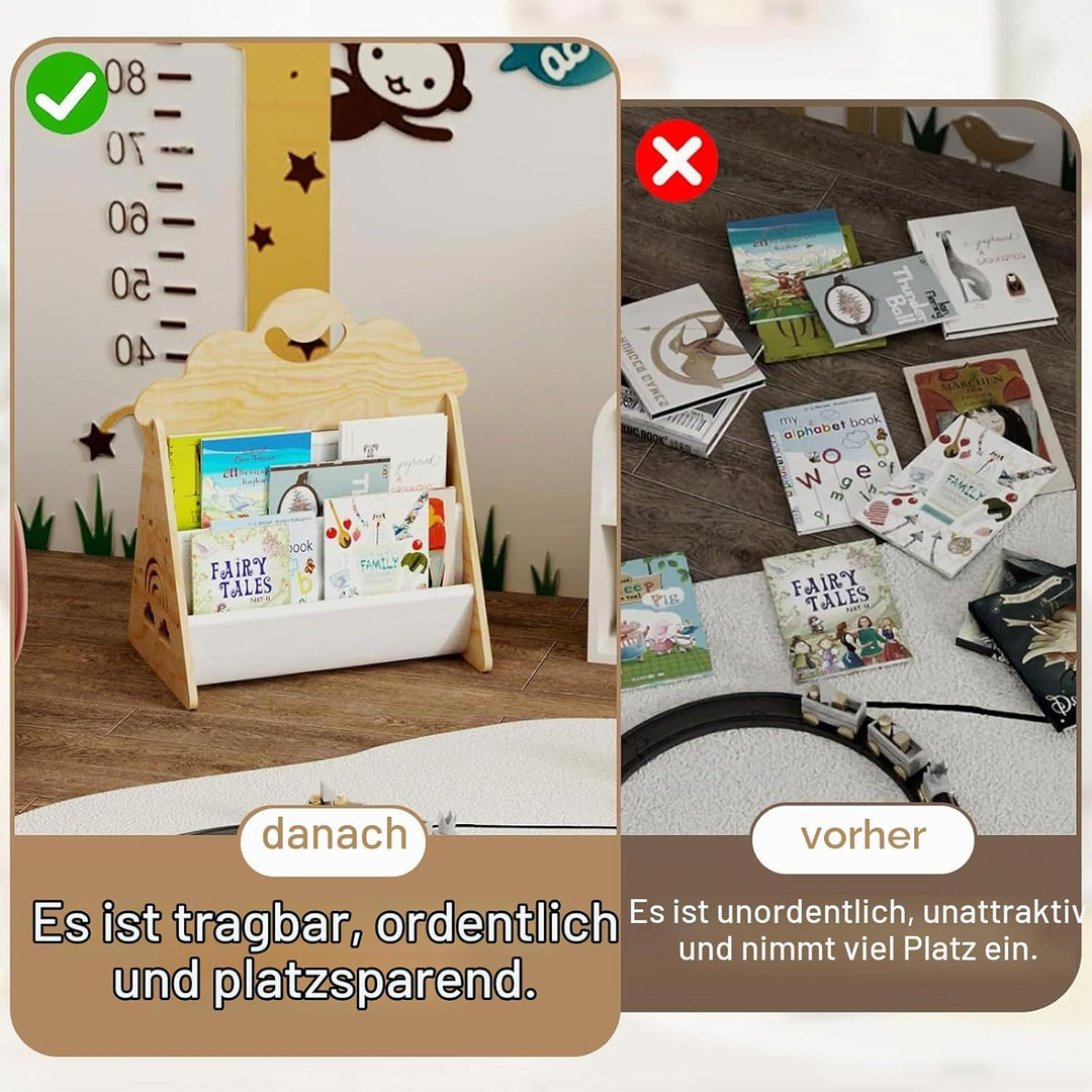 Montessori Kinder Bücherregal Holz, Offenes Frontbücherregal für Kinderzimmer &amp; Leseecke, Tragbare B