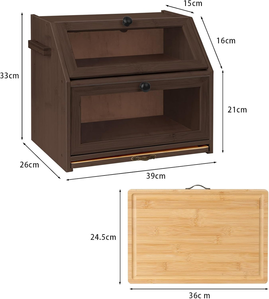 HUOLE Brotkasten aus Bambus mit 2 Etagen - Küchenorganizer, Aus Holz - Mit Sichtfenster und Magnetve