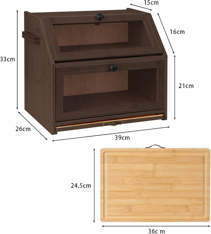 HUOLE Brotkasten aus Bambus mit 2 Etagen - Küchenorganizer, Aus Holz - Mit Sichtfenster und Magnetve