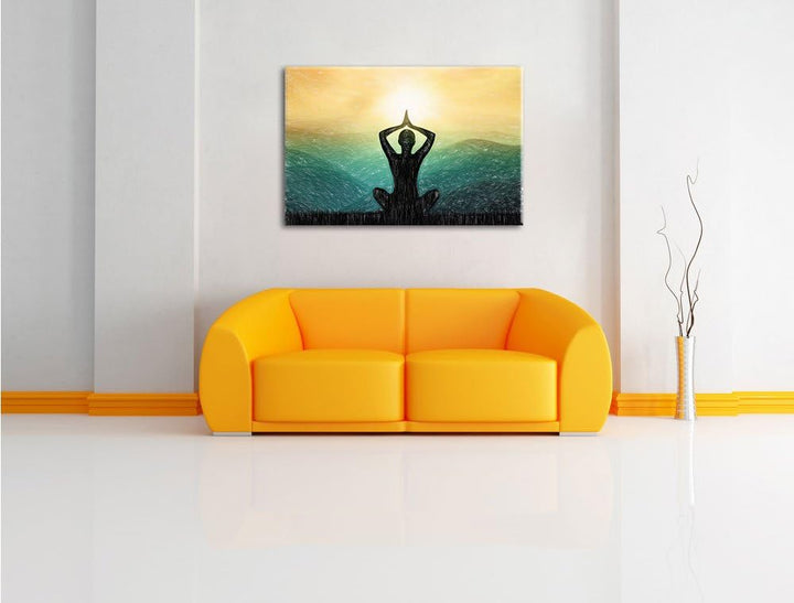 Pixxprint Yoga und Meditation in den Bergen Kunst Buntstift Effekt, Format: 100x70 auf Leinwand, 100