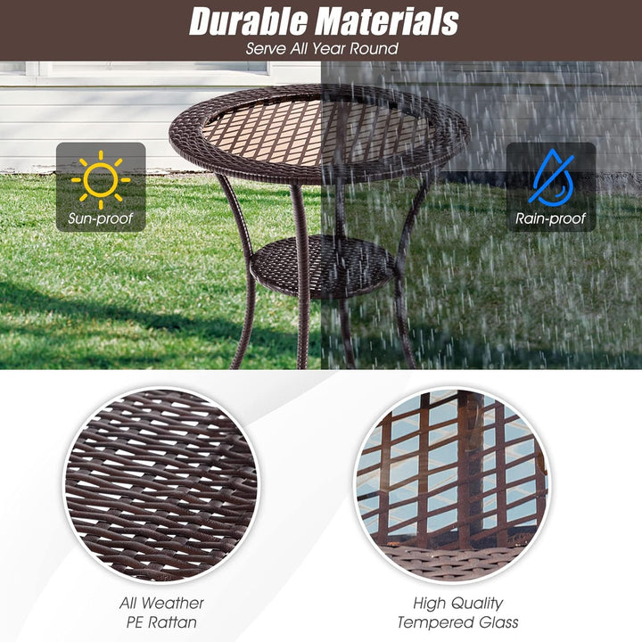 GIANTEX Rattan Bistrotisch Gartentisch, Balkontisch rund Couchtisch 2 Ebenen, Glastisch Terrassentis