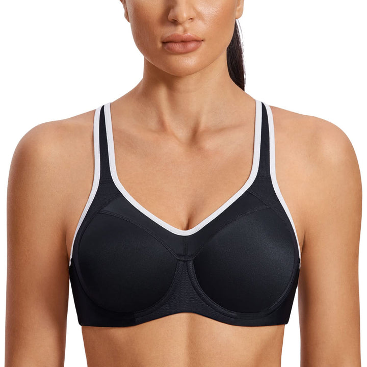 SYROKAN Damen Sport BH Starker Halt- Bügel Push Up Ringerrücken Gepolstert Fitness BH 70B Schwarz, 7