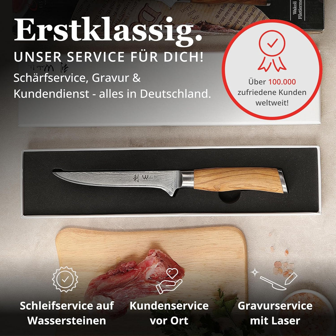 Wakoli Olive Ausbeinmesser aus echtem Damaststahl (VG10 Kern) mit 14,5 cm Klinge – Scharf und ergono