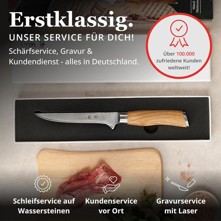 Wakoli Olive Ausbeinmesser aus echtem Damaststahl (VG10 Kern) mit 14,5 cm Klinge – Scharf und ergono