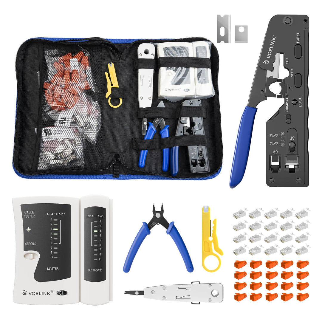 VCELINK Netzwerk Werkzeug Set, RJ45 Crimpzange mit 20 x RJ45 Stecker Cat7/Cat6a Pass Through, Netzwe