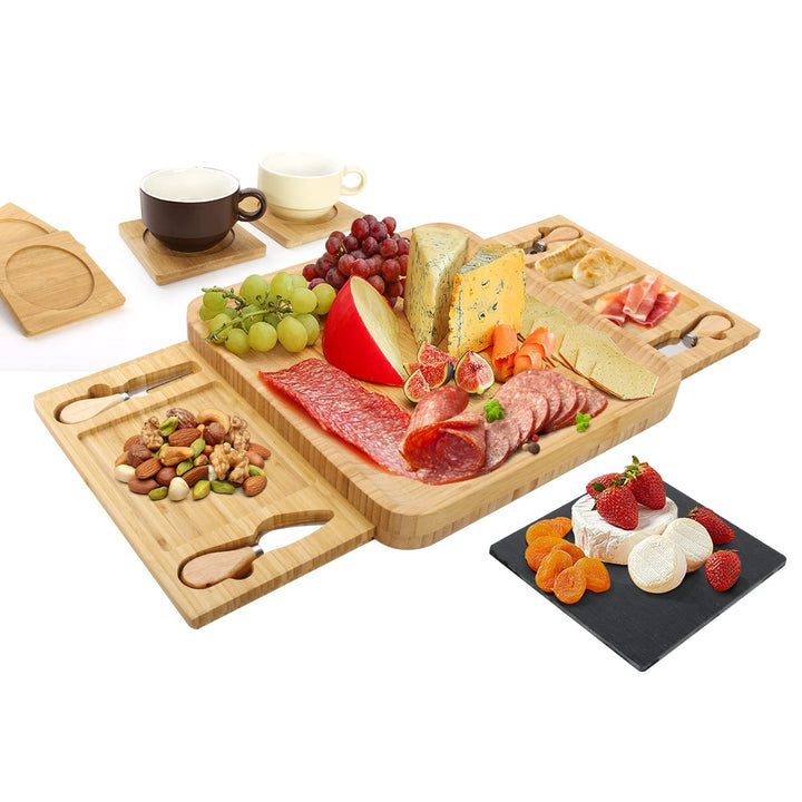 Todeco Bambus-Käsebrett mit Käsemesser Set, Charcuterie Board, mit 4 Käse-Messern, Ausziehbarer Schu