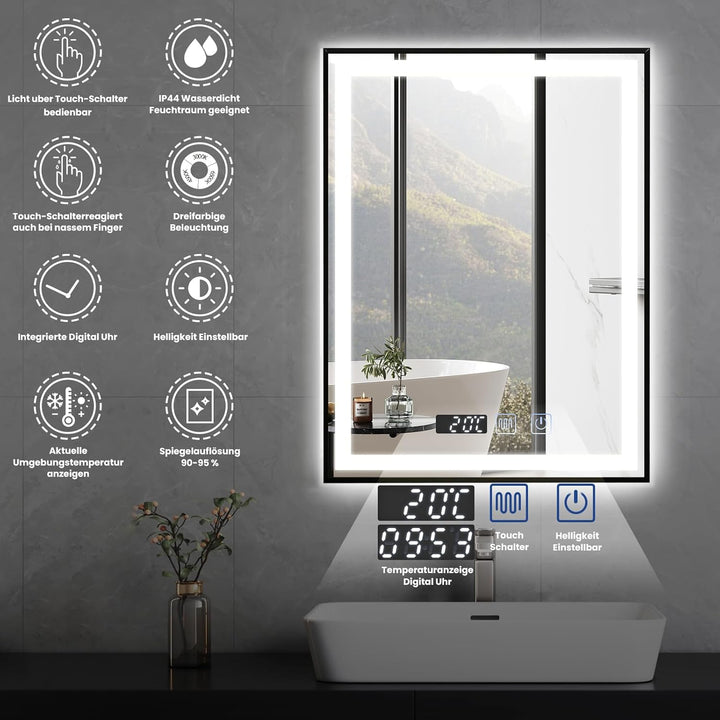 YOURLITE Badspiegel mit Beleuchtung 60x80cm, Badezimmerspiegel mit Beleuchtung LED mit Uhr, 3 Lichtf
