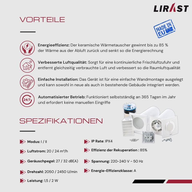 Ø 100mm Dezentrale Wohnraumlüftung mit Wärmerückgewinnung / Mit Schalter Mit Schalter Ø