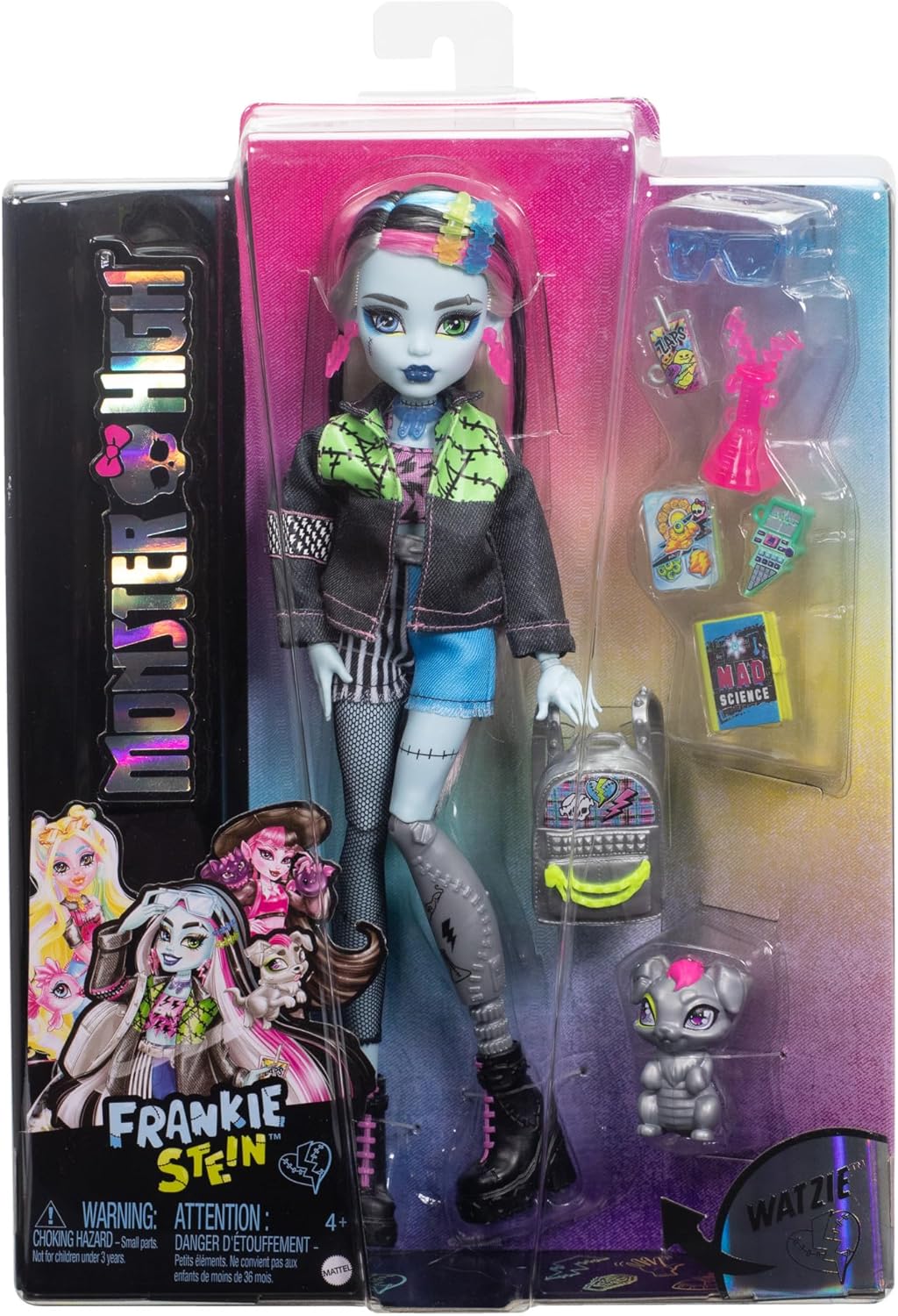 Monster High Frankie Stein-Puppe in Jeansjacke und Shorts, zum Lieferumfang gehören auch ihr Hund Wa