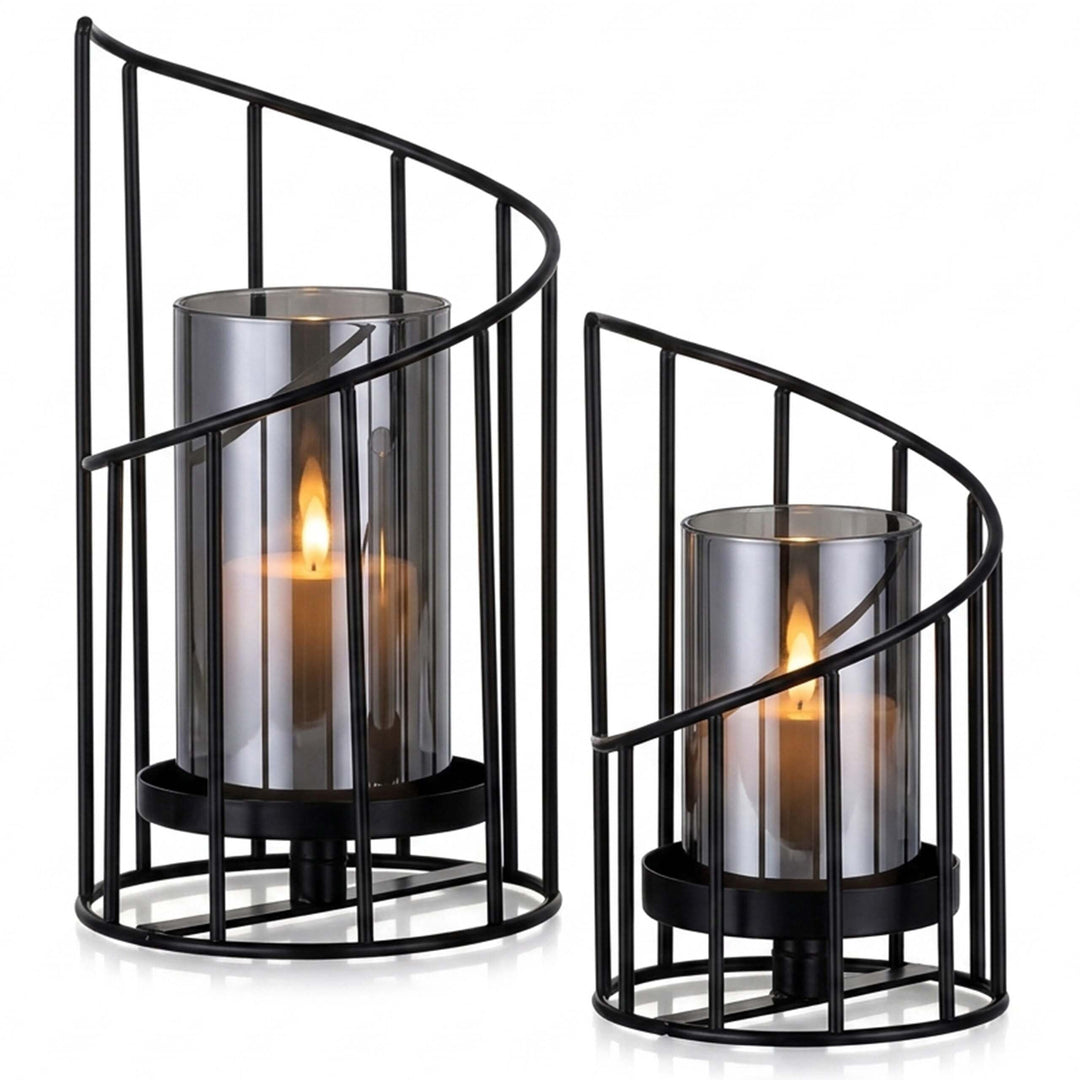 Relaxdays Windlicht 2er Set, transparent/schwarz | Glaszylinder mit Metallgestell, 2 Grössen, für St