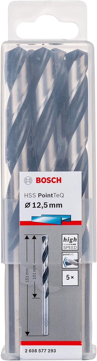 Bosch Professional 5 Stück HSS Spiralbohrer PointTeQ (für Metall, 12,5 x 101 x 151 mm, Zubehör Bohrs