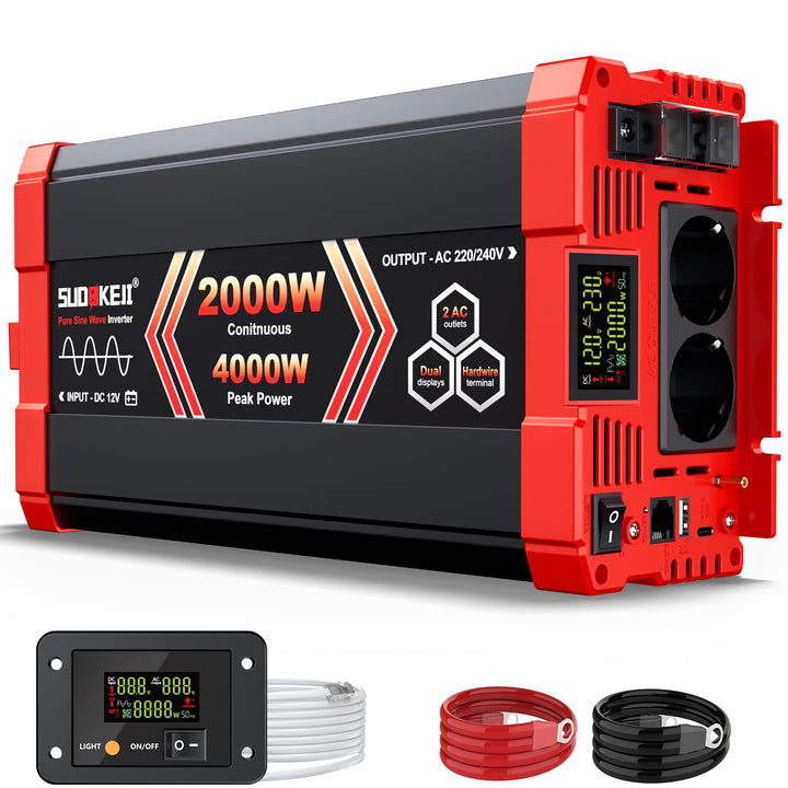SUDOKEJI 2000W/4000W Wechselrichter Reiner Sinus Spannungswandler 12V auf 230V EU-Steckdose mit LCD