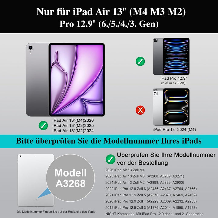 für iPad Air 13 Zoll Hülle mit Tastatur (M4/M3/M2, 2026/2025/2024), Pro 12.9 (6./5./4./3. Gen), Magn