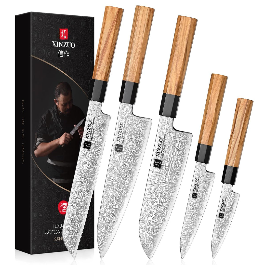XINZUO Küchenmesser Set 5er 67 Schichten Damaststahl Chefmesser Set, Profi Geschmiedet Damaskus mess