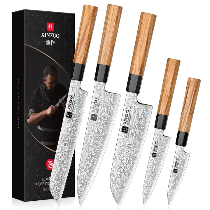 XINZUO Küchenmesser Set 5er 67 Schichten Damaststahl Chefmesser Set, Profi Geschmiedet Damaskus mess