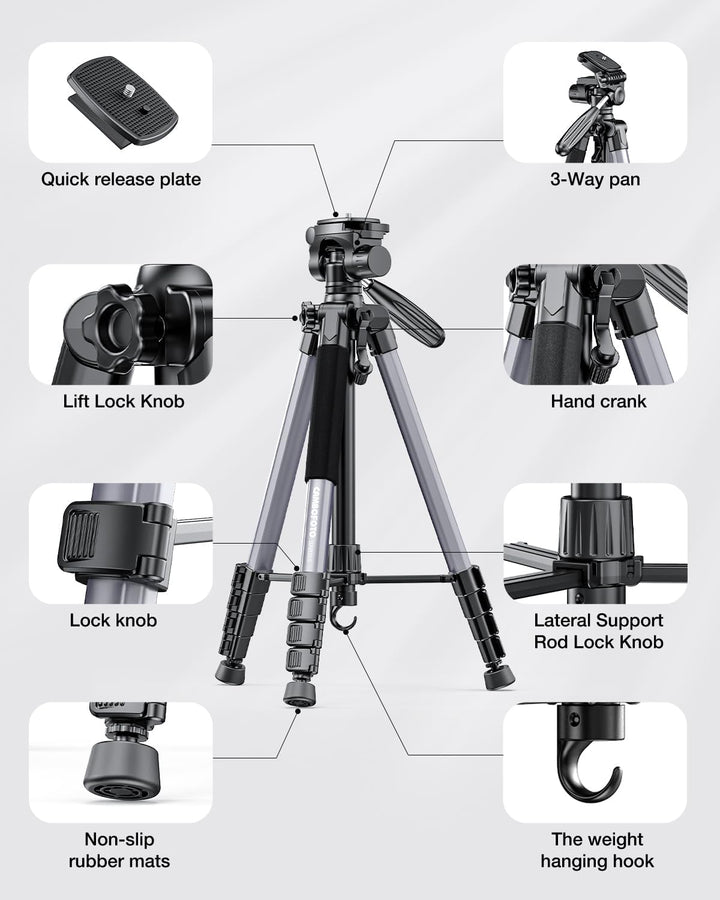 CAMBOFOTO Camera Tripod, 188cm Lightweight Aluminum Travel Tripod, Adjustable Stand with Pan Head, 1