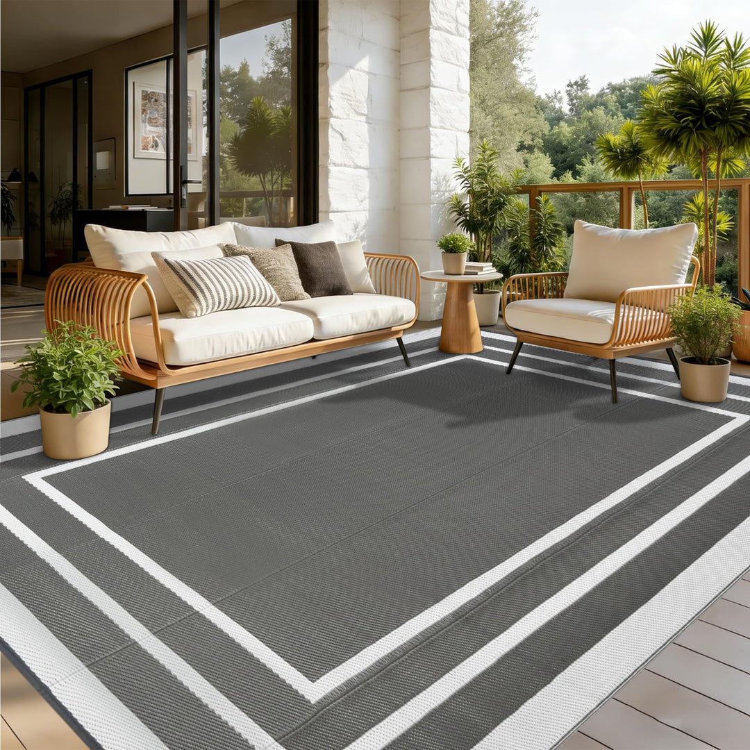 Outdoor Teppich Wetterfest Grau 180x270cm Kunststoff Picknickdecken Wasserfest Reversible Camping Te