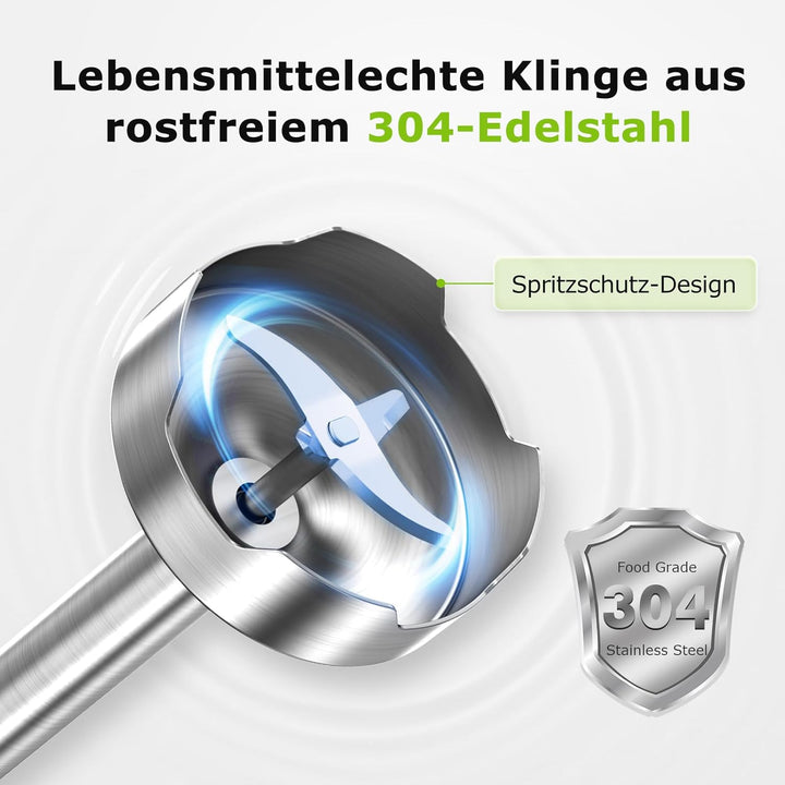Bonsenkitchen Stabmixer 4-in-1, 1000W Edelstahl mit 12 Stufen Turbo, Schneebesen 700ml Messbecher Le