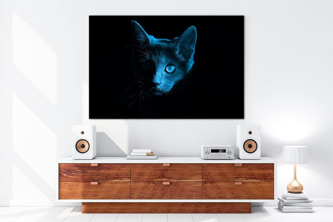 deyoli Dark Schwarze Katze Format 80x60 Effekt: Monocrome Blau als Leinwandbild, Motiv fertig gerahm