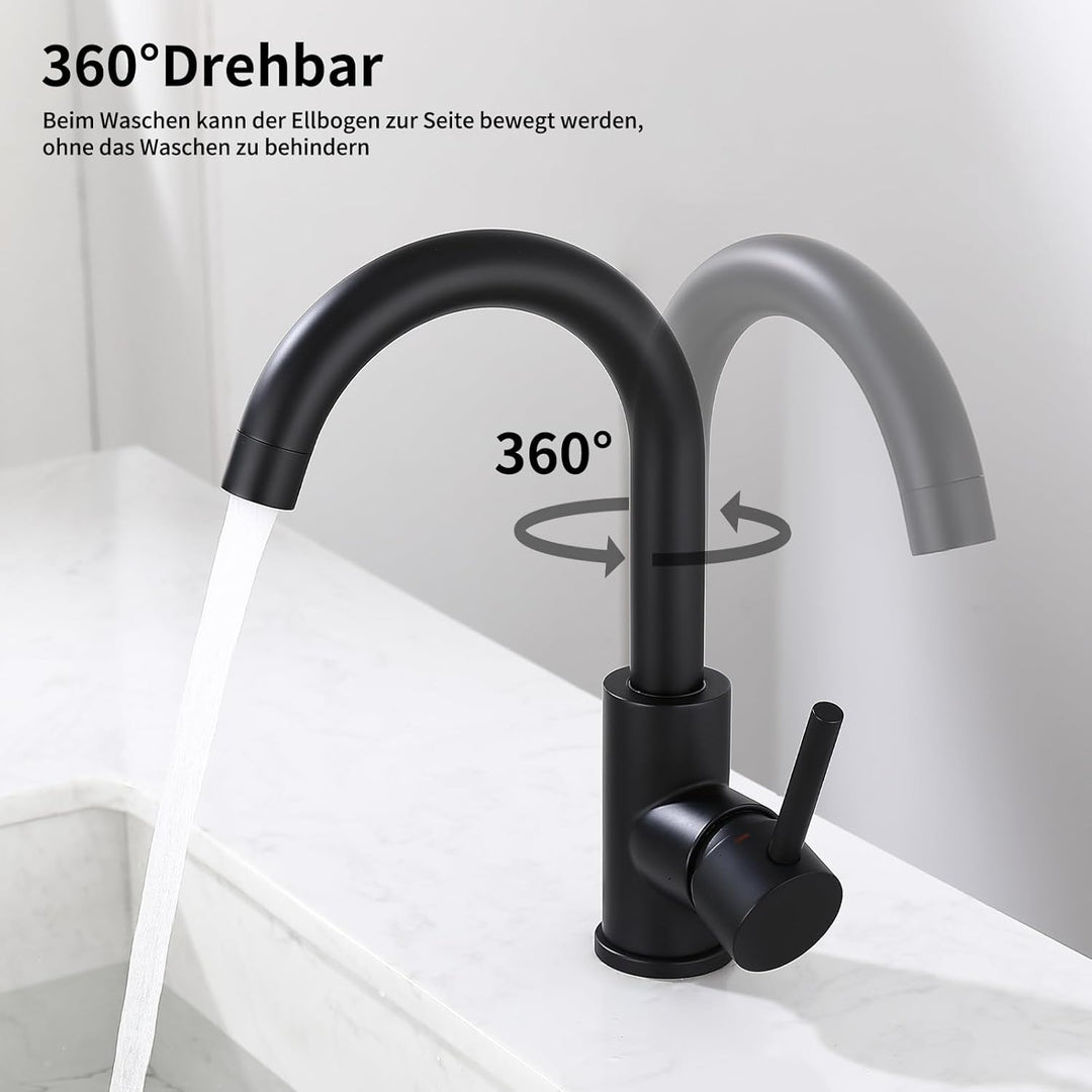 HOMELODY Niederdruck Armatur Bad/Küche Schwarz Waschtischarmatur 360° Drehbar Wasserhahn Bad Armatur