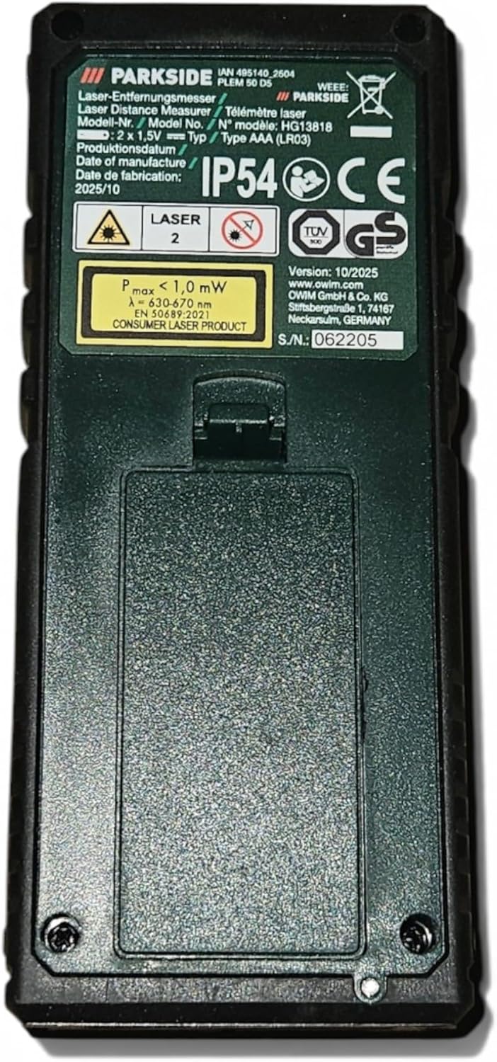 PARKSIDE Laser-Entfernungsmesser »PLEM 50 C3«, 50 m, Schwarz, ca. 120 x 48 x 27 mm